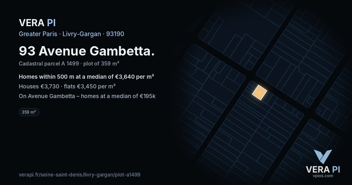 93 Avenue Gambetta, Livry-Gargan at night – the plot lit, the parcels around coloured by the prices near them