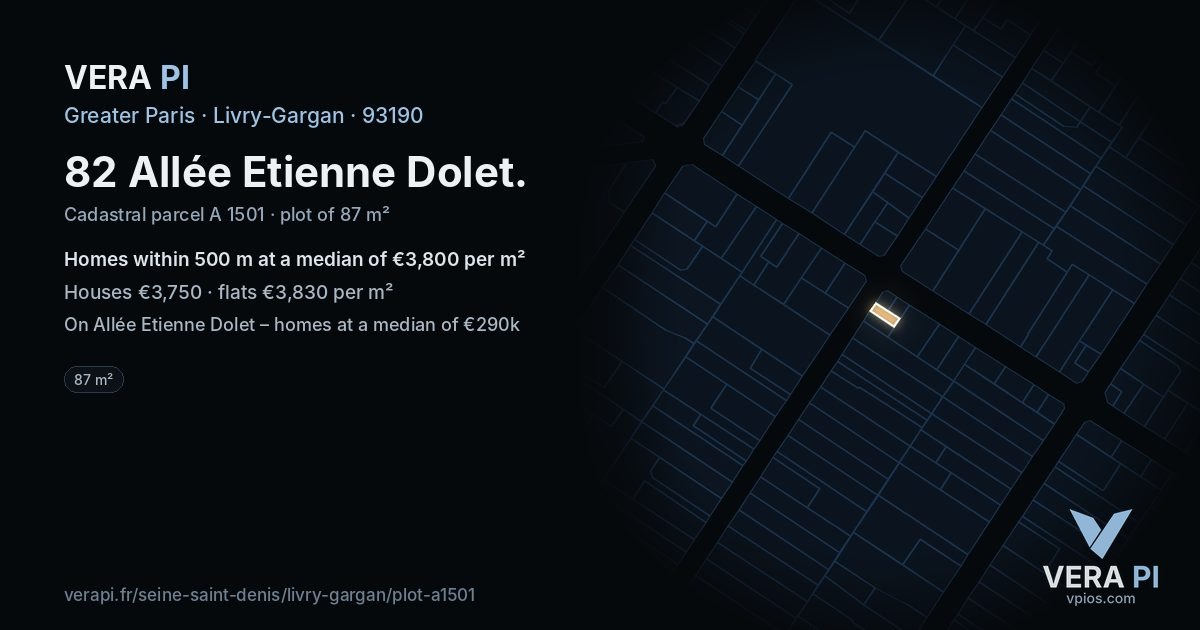 82 Allée Etienne Dolet, Livry-Gargan at night – the plot lit, the parcels around coloured by the prices near them