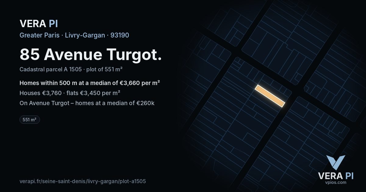 85 Avenue Turgot, Livry-Gargan at night – the plot lit, the parcels around coloured by the prices near them