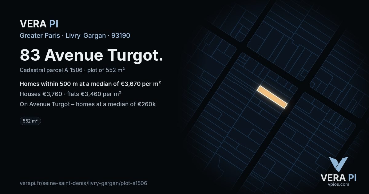 83 Avenue Turgot, Livry-Gargan at night – the plot lit, the parcels around coloured by the prices near them