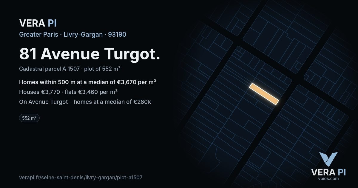 81 Avenue Turgot, Livry-Gargan at night – the plot lit, the parcels around coloured by the prices near them