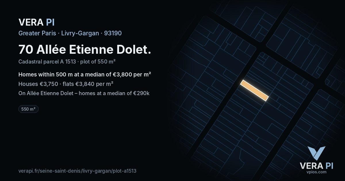 70 Allée Etienne Dolet, Livry-Gargan at night – the plot lit, the parcels around coloured by the prices near them