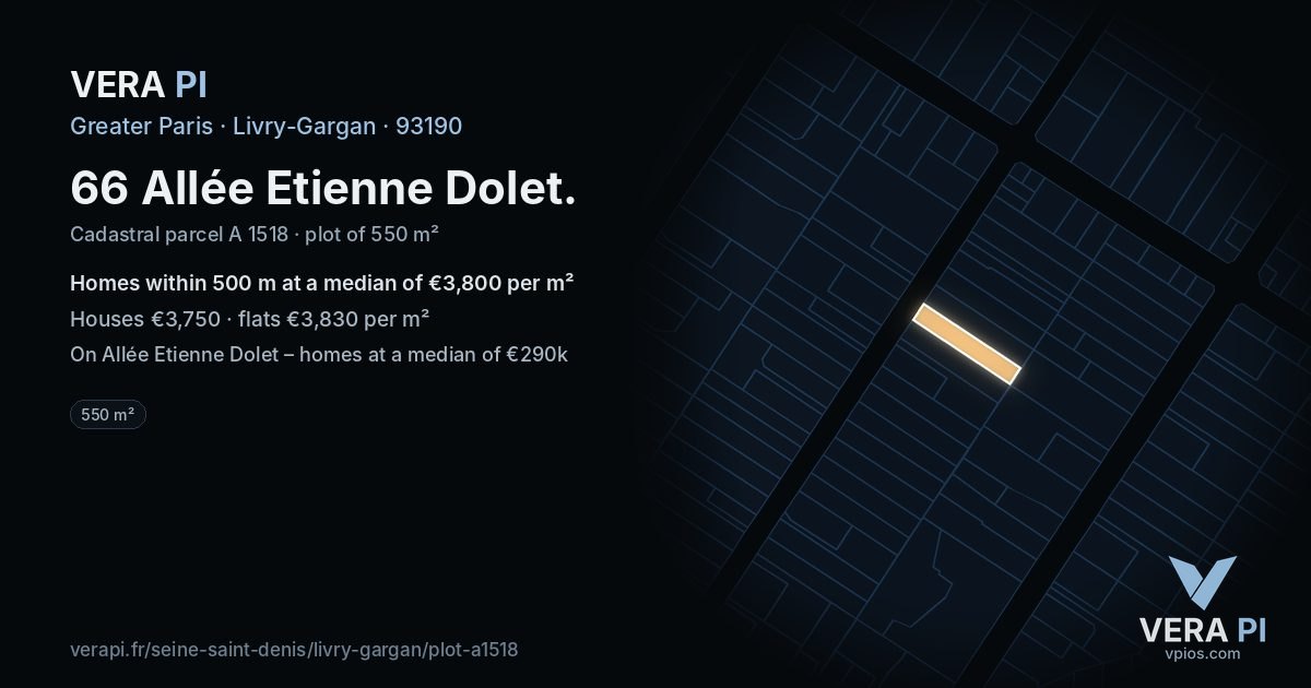 66 Allée Etienne Dolet, Livry-Gargan at night – the plot lit, the parcels around coloured by the prices near them