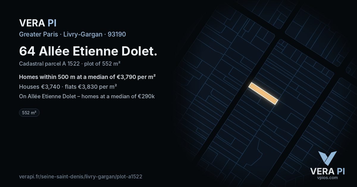64 Allée Etienne Dolet, Livry-Gargan at night – the plot lit, the parcels around coloured by the prices near them