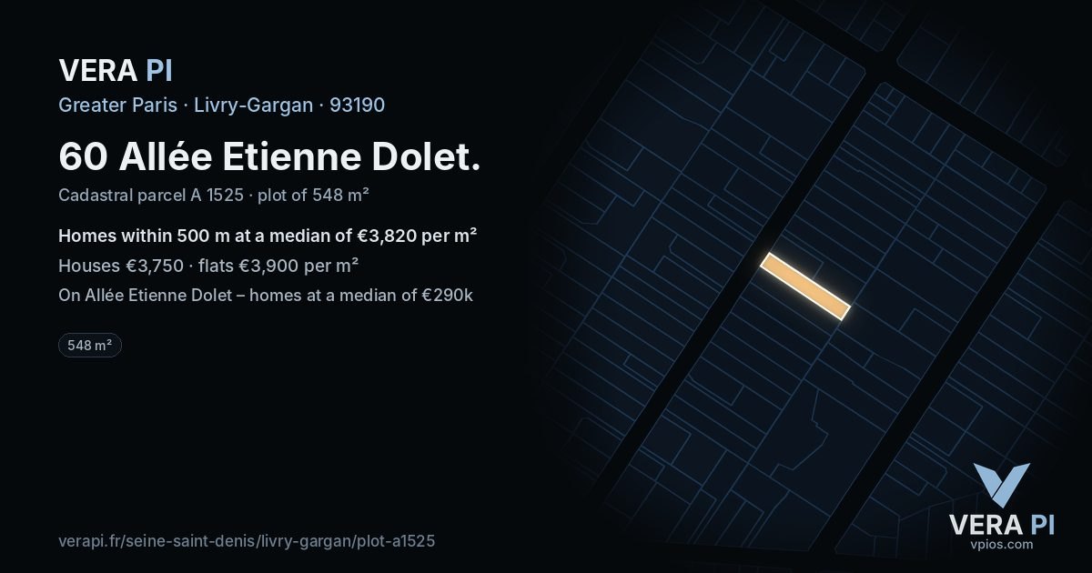 60 Allée Etienne Dolet, Livry-Gargan at night – the plot lit, the parcels around coloured by the prices near them