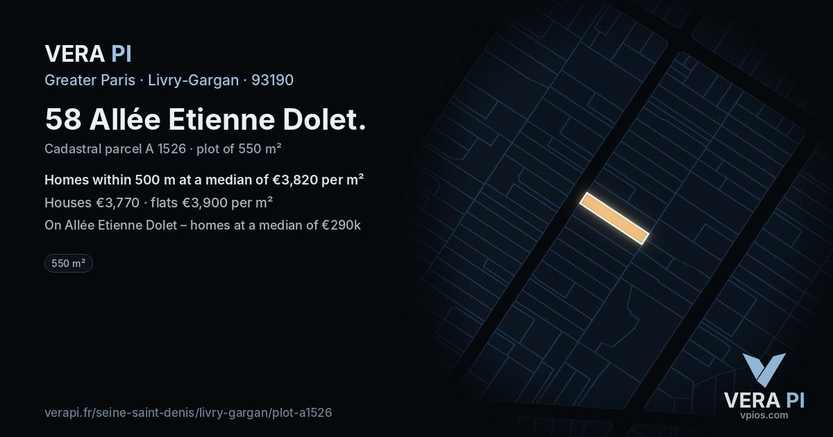 58 Allée Etienne Dolet, Livry-Gargan at night – the plot lit, the parcels around coloured by the prices near them