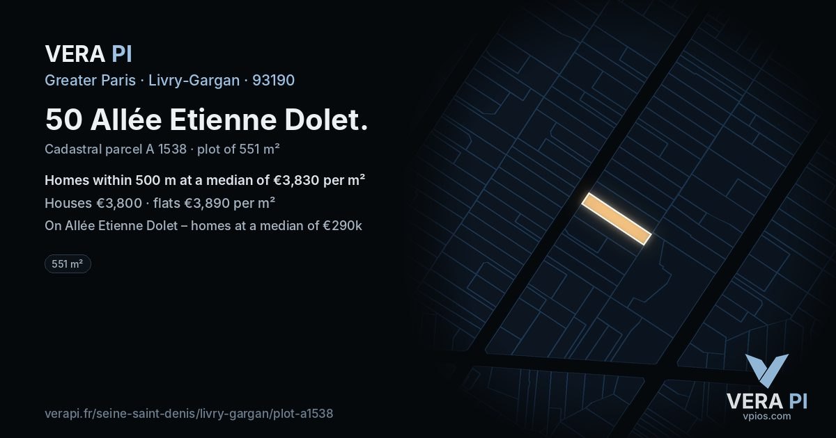 50 Allée Etienne Dolet, Livry-Gargan at night – the plot lit, the parcels around coloured by the prices near them