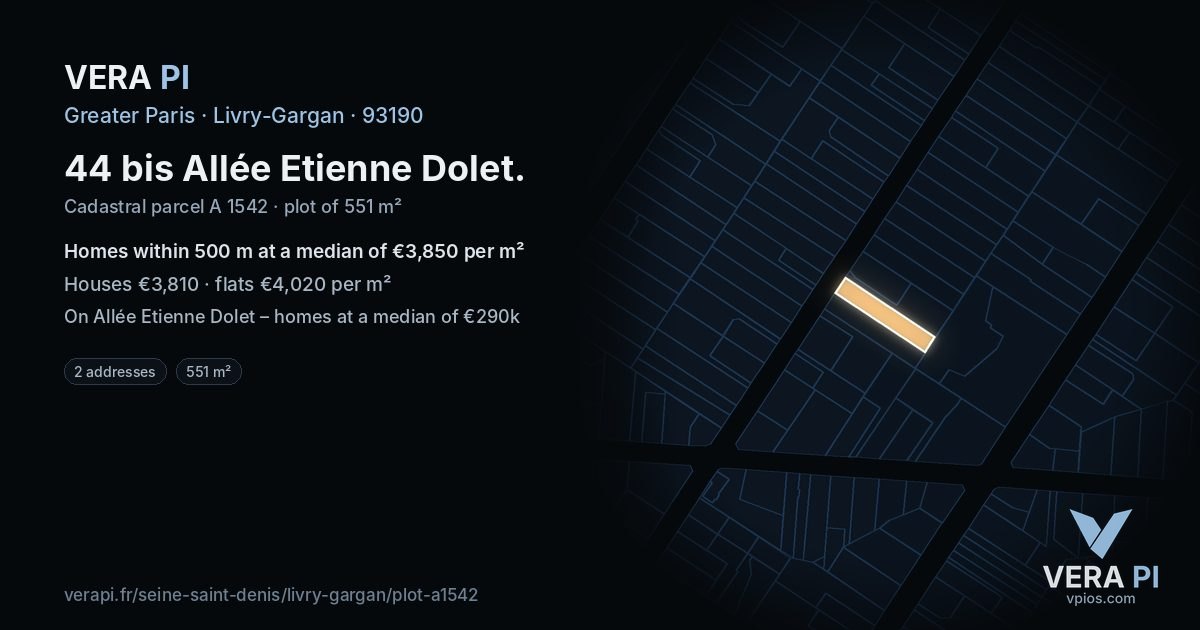 44 bis Allée Etienne Dolet, Livry-Gargan at night – the plot lit, the parcels around coloured by the prices near them