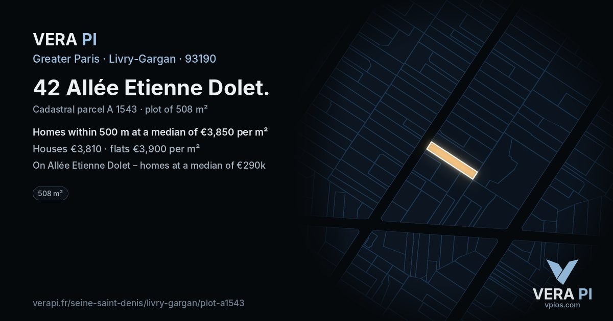 42 Allée Etienne Dolet, Livry-Gargan at night – the plot lit, the parcels around coloured by the prices near them