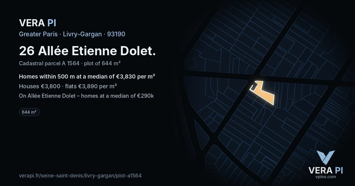 26 Allée Etienne Dolet, Livry-Gargan at night – the plot lit, the parcels around coloured by the prices near them