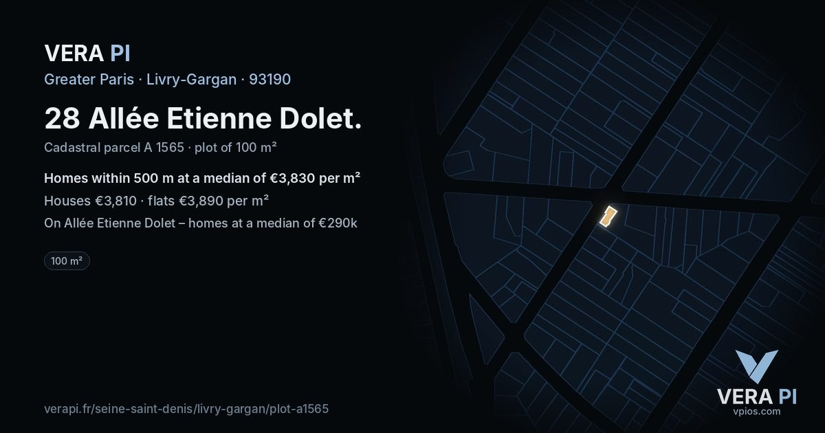 28 Allée Etienne Dolet, Livry-Gargan at night – the plot lit, the parcels around coloured by the prices near them