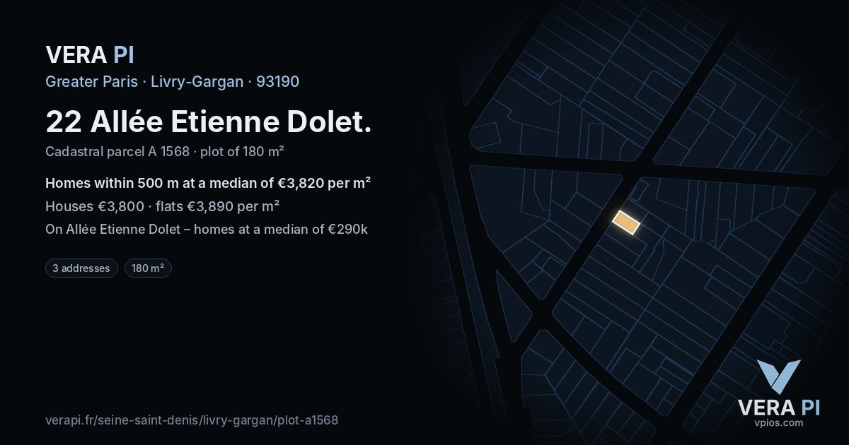 22 Allée Etienne Dolet, Livry-Gargan at night – the plot lit, the parcels around coloured by the prices near them