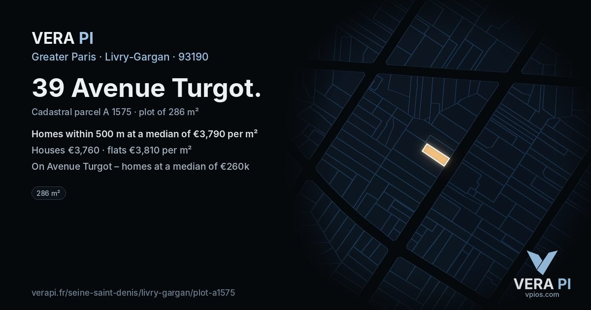 39 Avenue Turgot, Livry-Gargan at night – the plot lit, the parcels around coloured by the prices near them