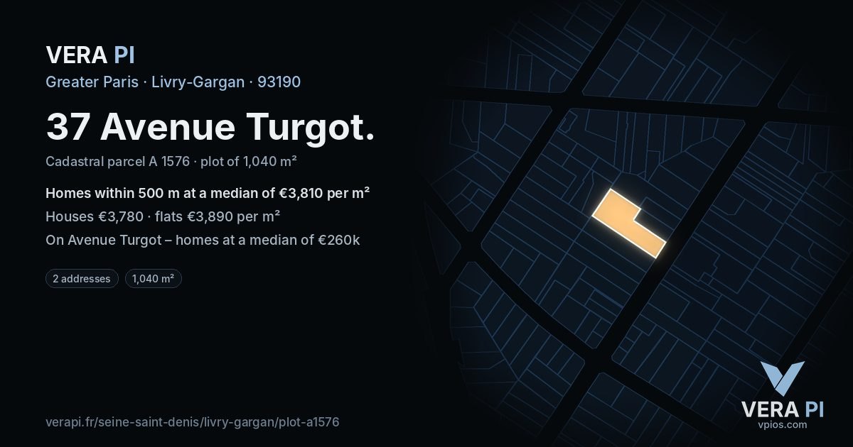 37 Avenue Turgot, Livry-Gargan at night – the plot lit, the parcels around coloured by the prices near them