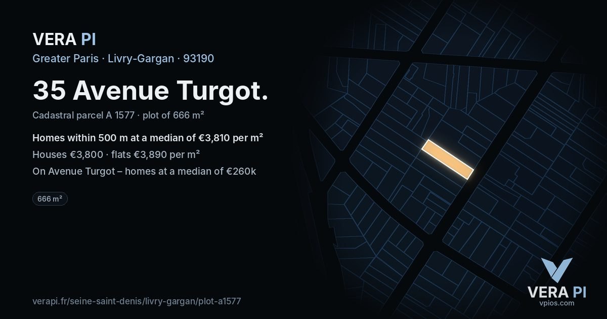 35 Avenue Turgot, Livry-Gargan at night – the plot lit, the parcels around coloured by the prices near them