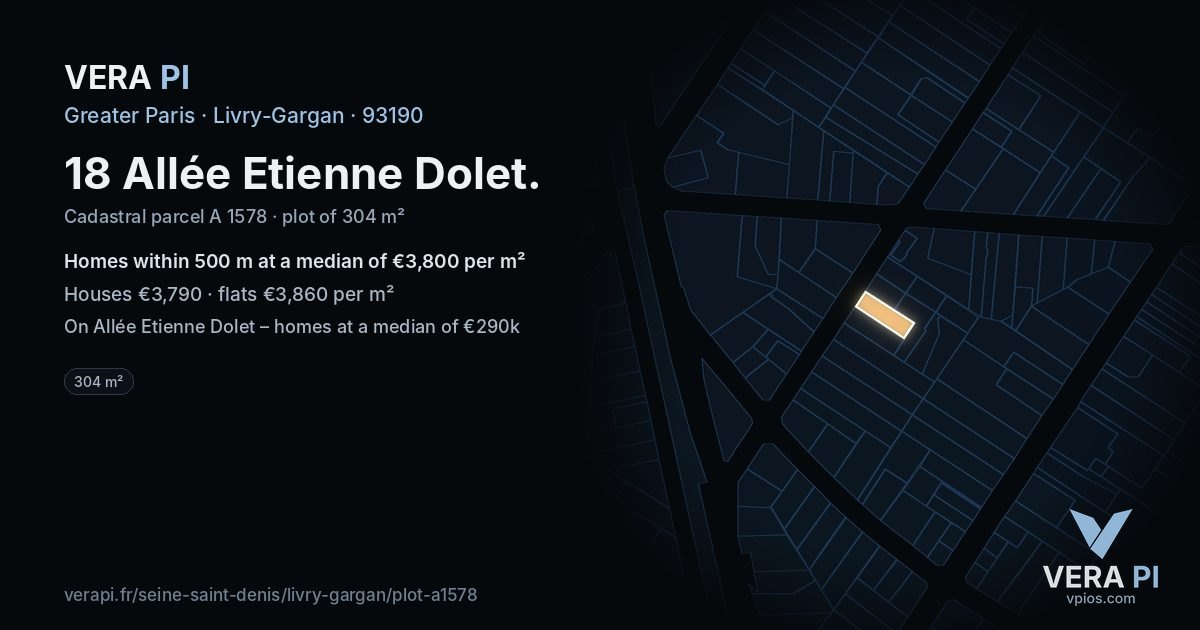 18 Allée Etienne Dolet, Livry-Gargan at night – the plot lit, the parcels around coloured by the prices near them
