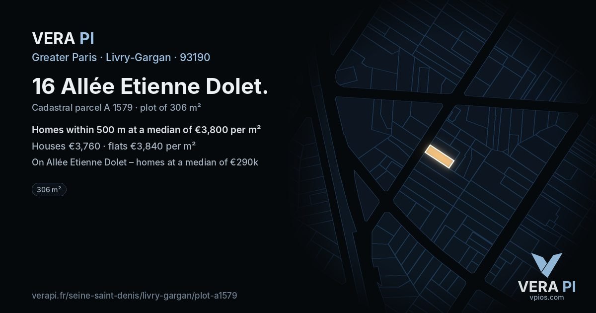 16 Allée Etienne Dolet, Livry-Gargan at night – the plot lit, the parcels around coloured by the prices near them