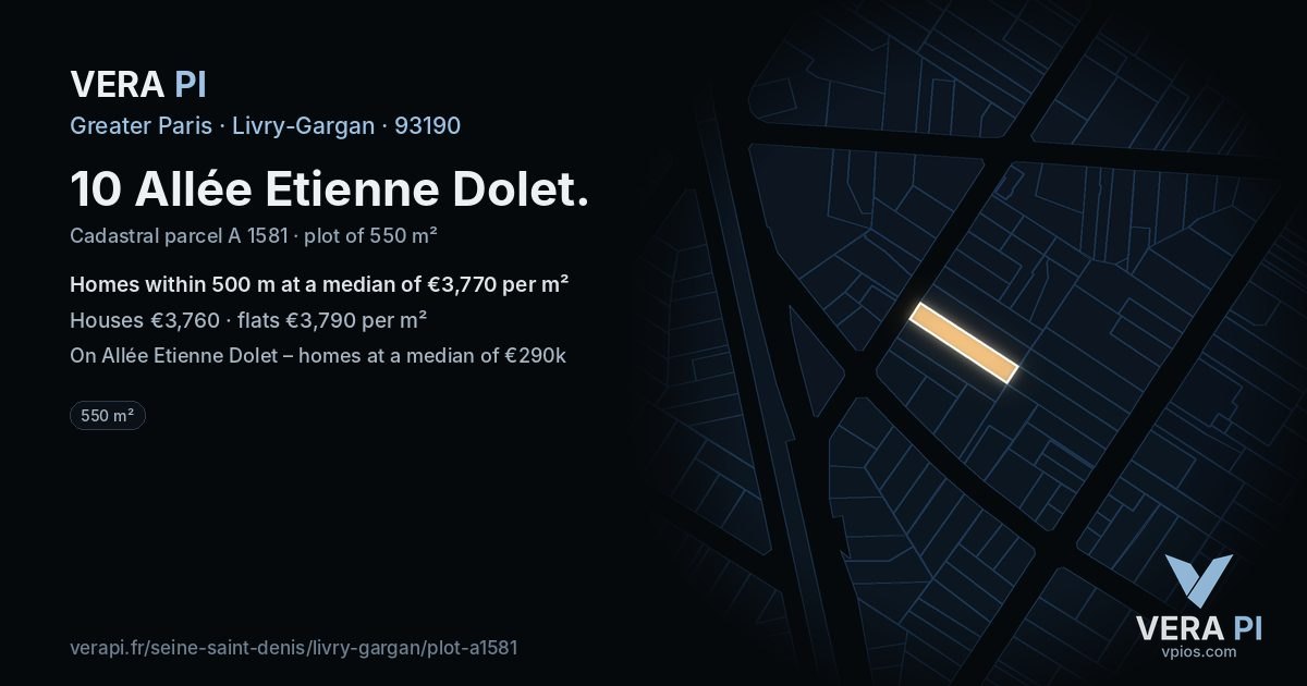 10 Allée Etienne Dolet, Livry-Gargan at night – the plot lit, the parcels around coloured by the prices near them