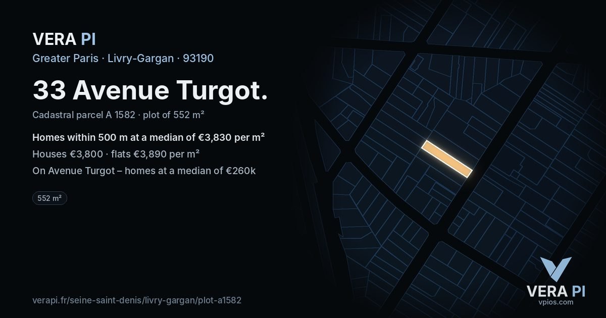 33 Avenue Turgot, Livry-Gargan at night – the plot lit, the parcels around coloured by the prices near them