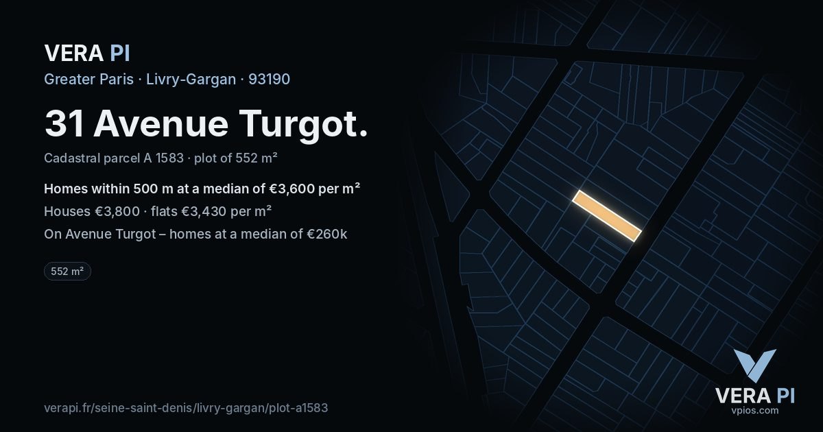 31 Avenue Turgot, Livry-Gargan at night – the plot lit, the parcels around coloured by the prices near them
