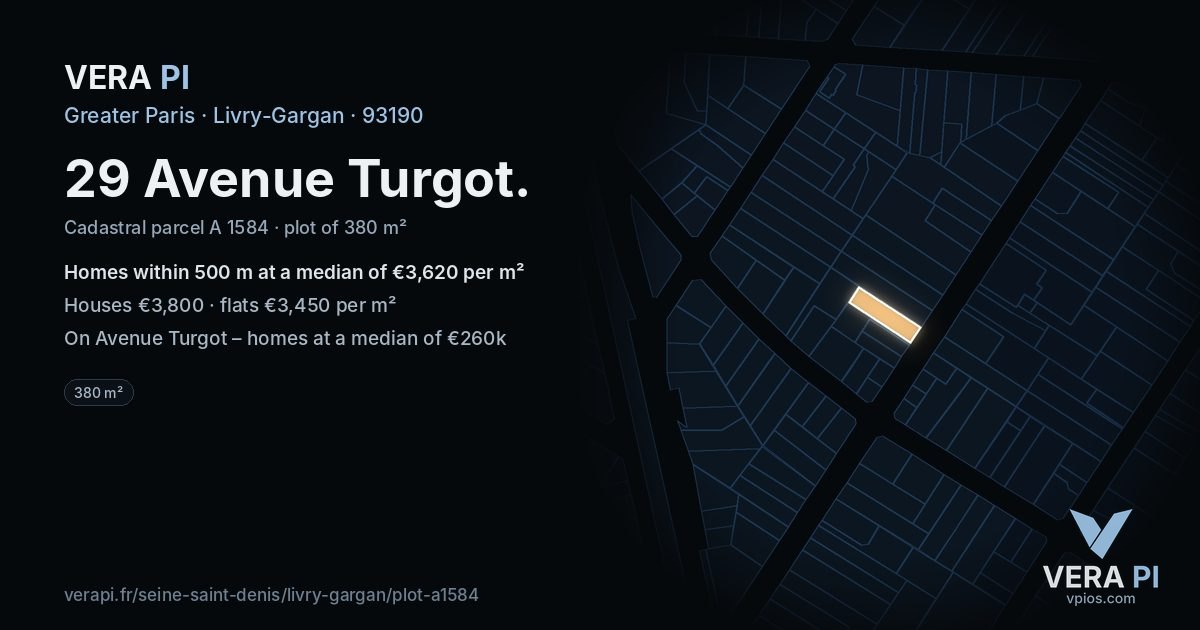 29 Avenue Turgot, Livry-Gargan at night – the plot lit, the parcels around coloured by the prices near them