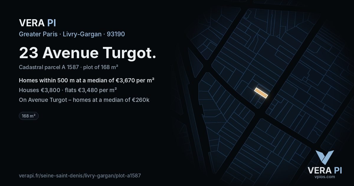 23 Avenue Turgot, Livry-Gargan at night – the plot lit, the parcels around coloured by the prices near them