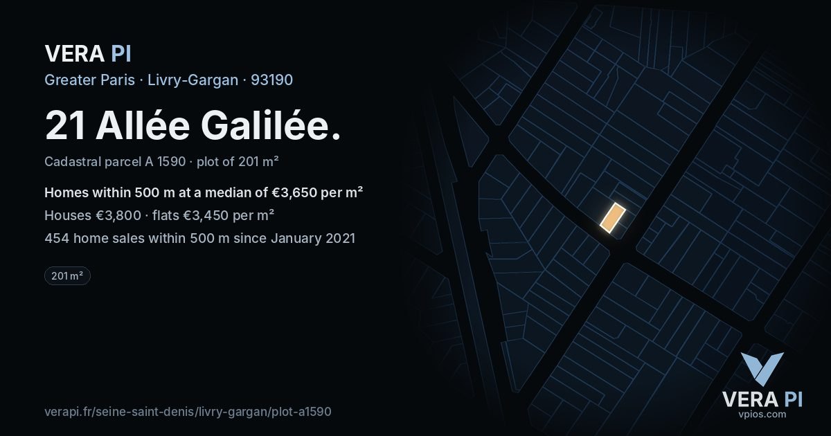 21 Allée Galilée, Livry-Gargan at night – the plot lit, the parcels around coloured by the prices near them