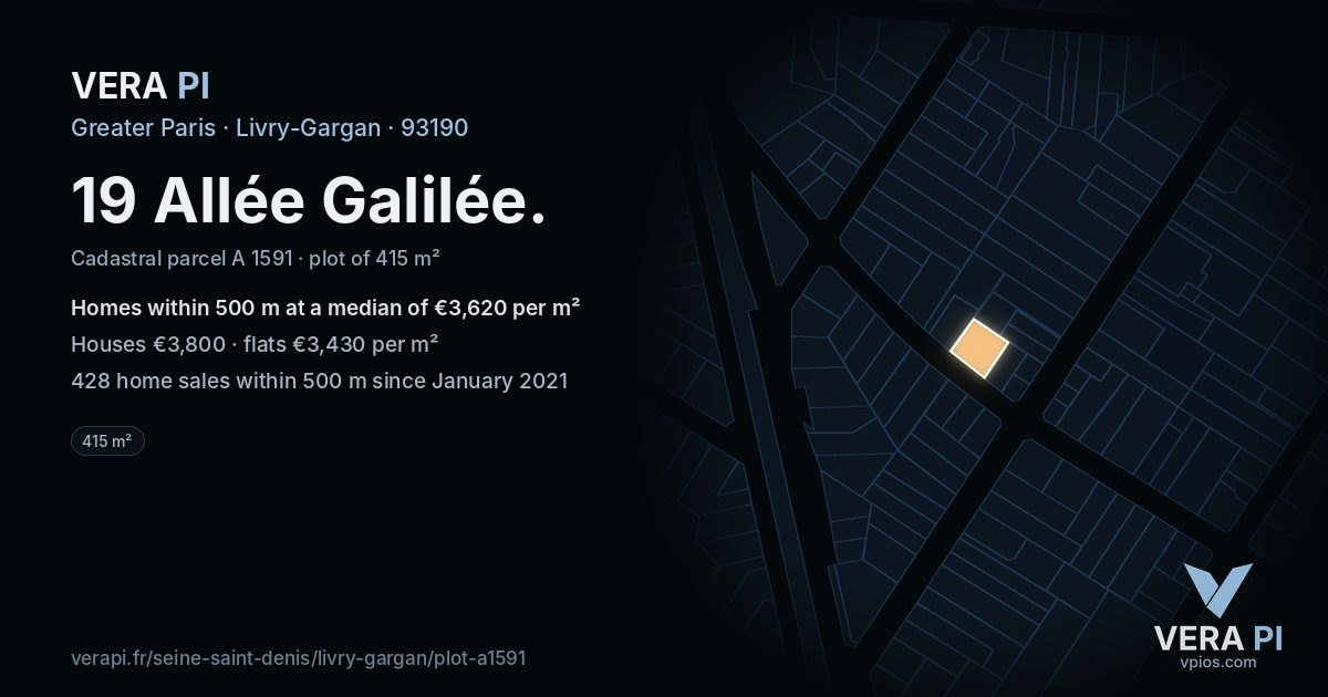 19 Allée Galilée, Livry-Gargan at night – the plot lit, the parcels around coloured by the prices near them