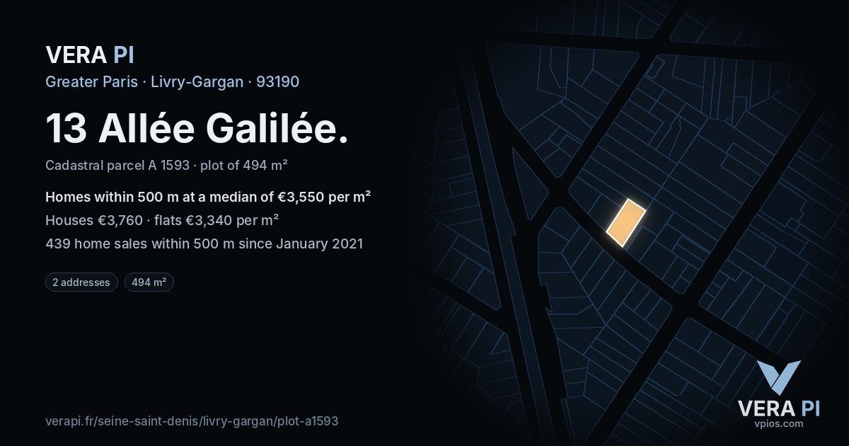 13 Allée Galilée, Livry-Gargan at night – the plot lit, the parcels around coloured by the prices near them