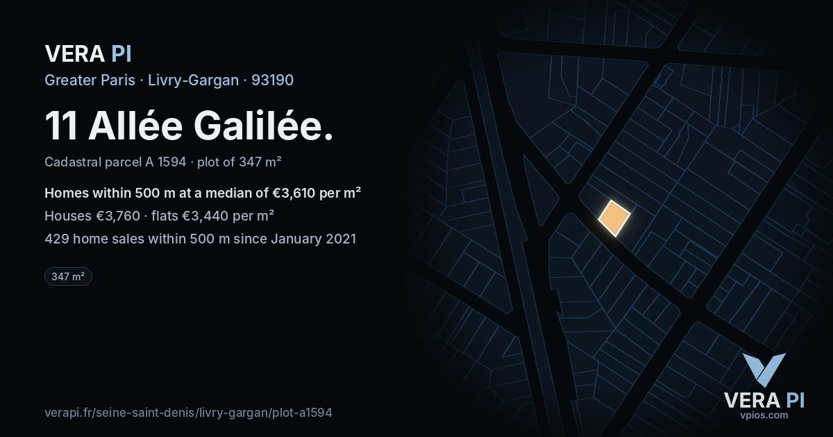 11 Allée Galilée, Livry-Gargan at night – the plot lit, the parcels around coloured by the prices near them