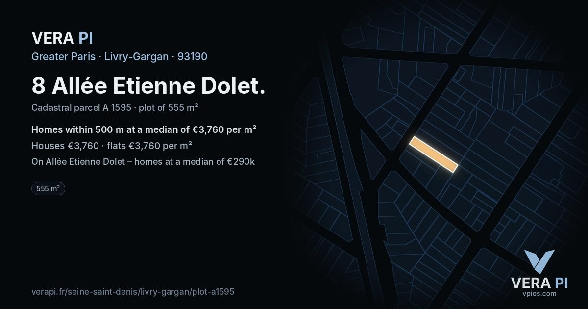 8 Allée Etienne Dolet, Livry-Gargan at night – the plot lit, the parcels around coloured by the prices near them