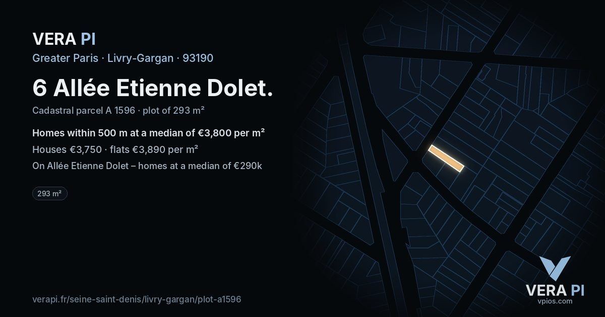 6 Allée Etienne Dolet, Livry-Gargan at night – the plot lit, the parcels around coloured by the prices near them