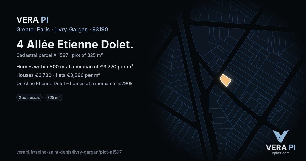 4 Allée Etienne Dolet, Livry-Gargan at night – the plot lit, the parcels around coloured by the prices near them