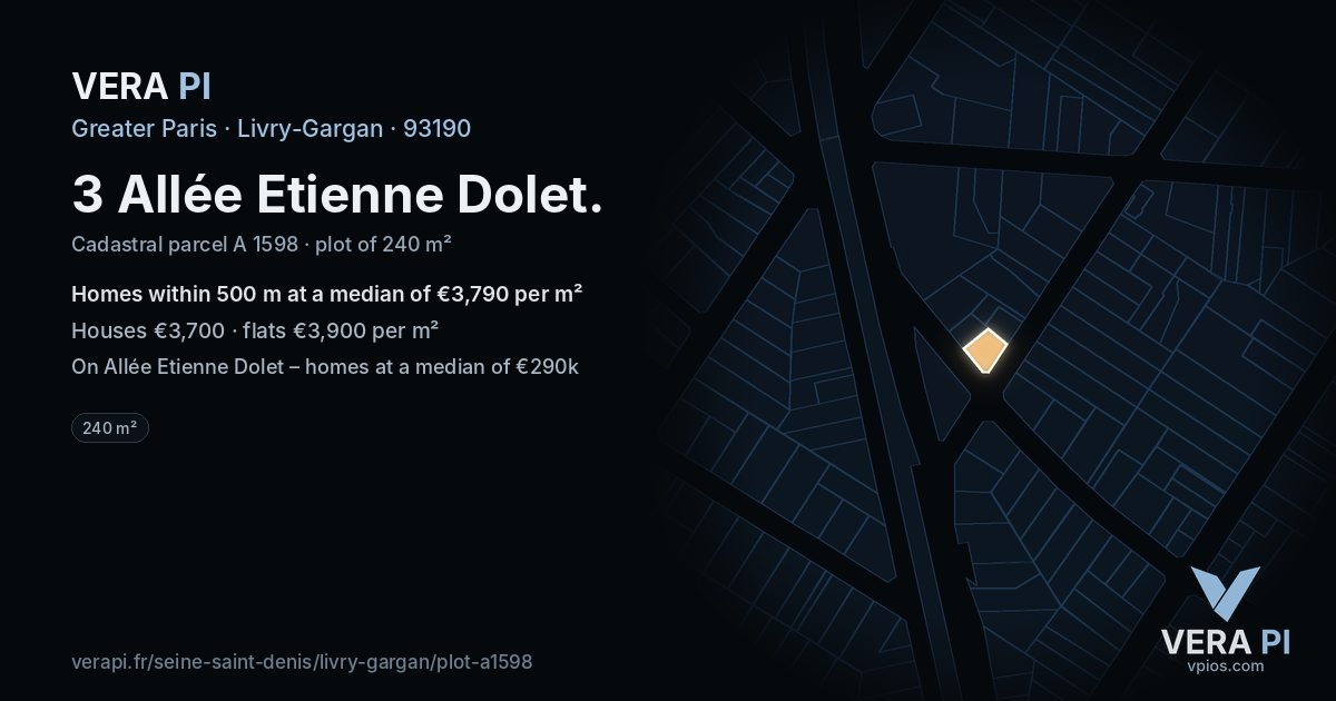 3 Allée Etienne Dolet, Livry-Gargan at night – the plot lit, the parcels around coloured by the prices near them