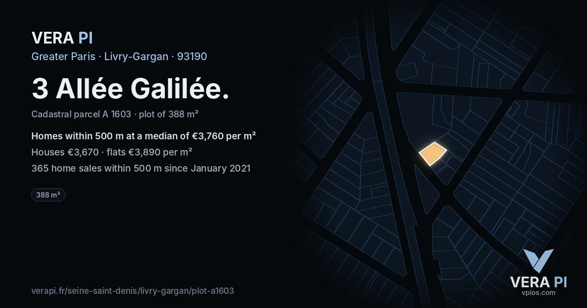 3 Allée Galilée, Livry-Gargan at night – the plot lit, the parcels around coloured by the prices near them