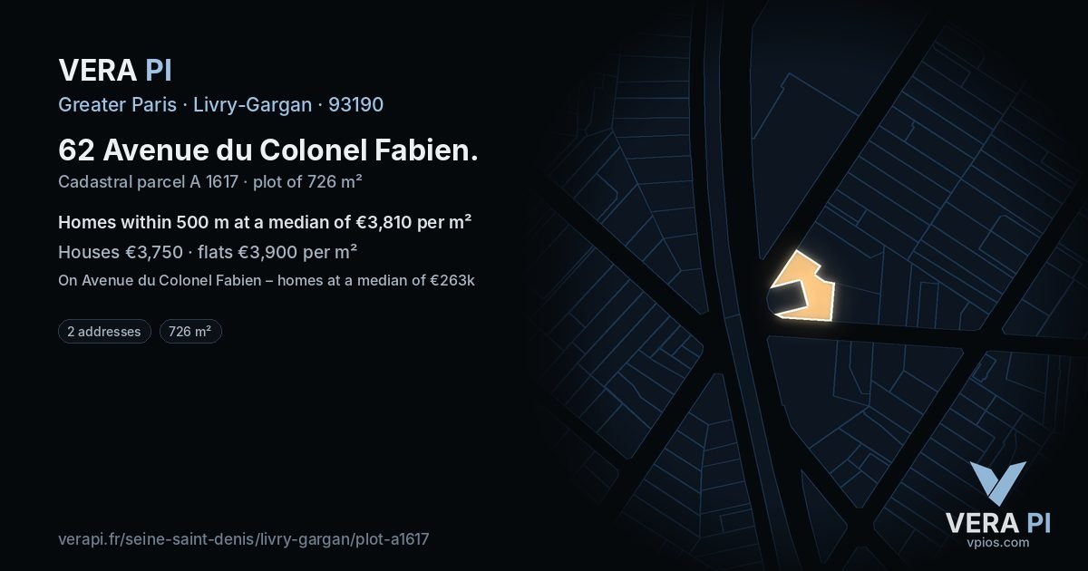 62 Avenue du Colonel Fabien, Livry-Gargan at night – the plot lit, the parcels around coloured by the prices near them