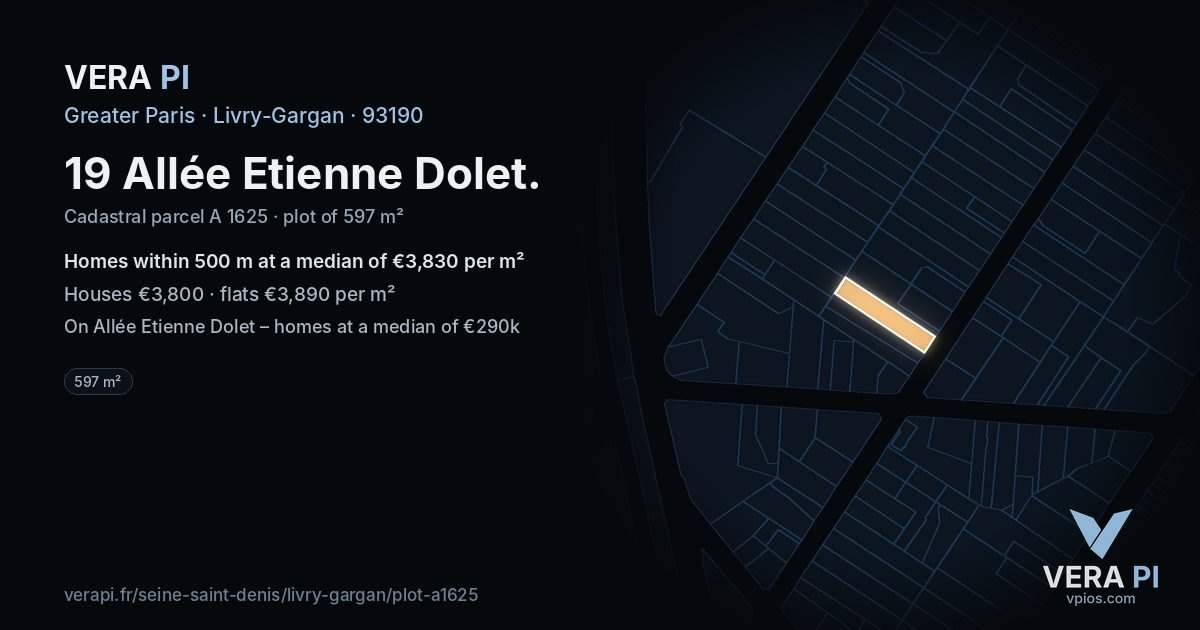 19 Allée Etienne Dolet, Livry-Gargan at night – the plot lit, the parcels around coloured by the prices near them