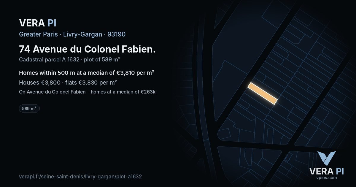 74 Avenue du Colonel Fabien, Livry-Gargan at night – the plot lit, the parcels around coloured by the prices near them