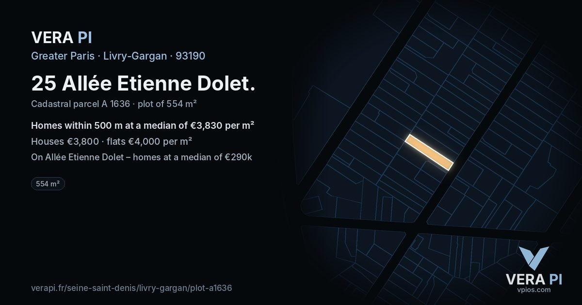 25 Allée Etienne Dolet, Livry-Gargan at night – the plot lit, the parcels around coloured by the prices near them