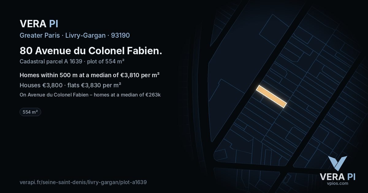 80 Avenue du Colonel Fabien, Livry-Gargan at night – the plot lit, the parcels around coloured by the prices near them