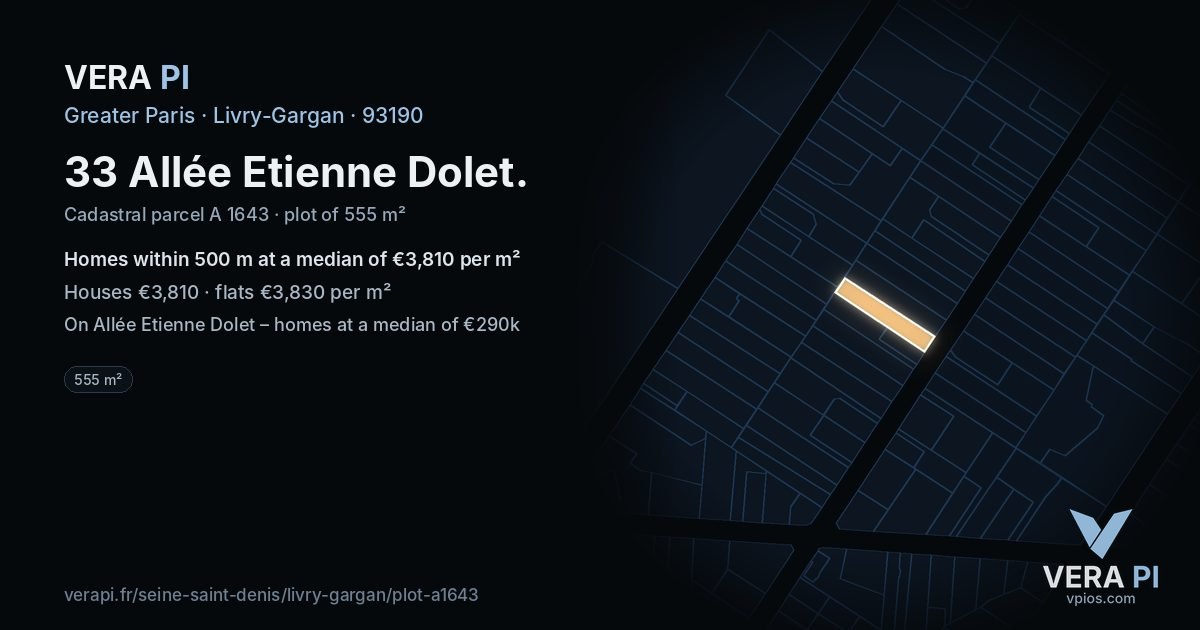 33 Allée Etienne Dolet, Livry-Gargan at night – the plot lit, the parcels around coloured by the prices near them
