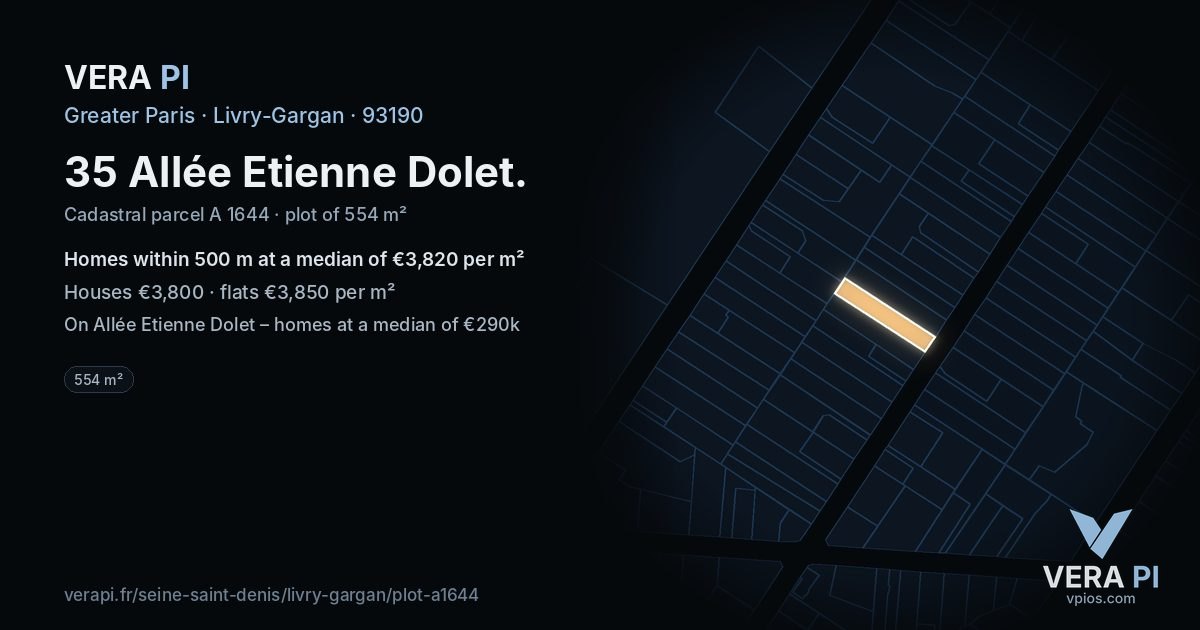 35 Allée Etienne Dolet, Livry-Gargan at night – the plot lit, the parcels around coloured by the prices near them
