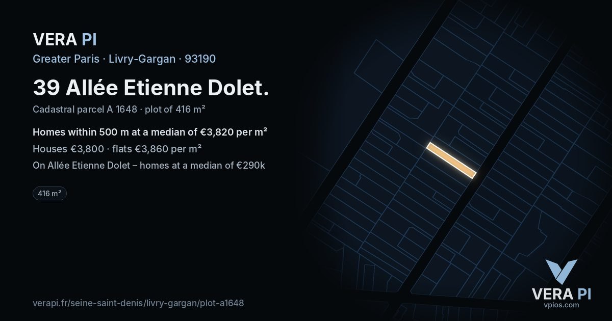 39 Allée Etienne Dolet, Livry-Gargan at night – the plot lit, the parcels around coloured by the prices near them