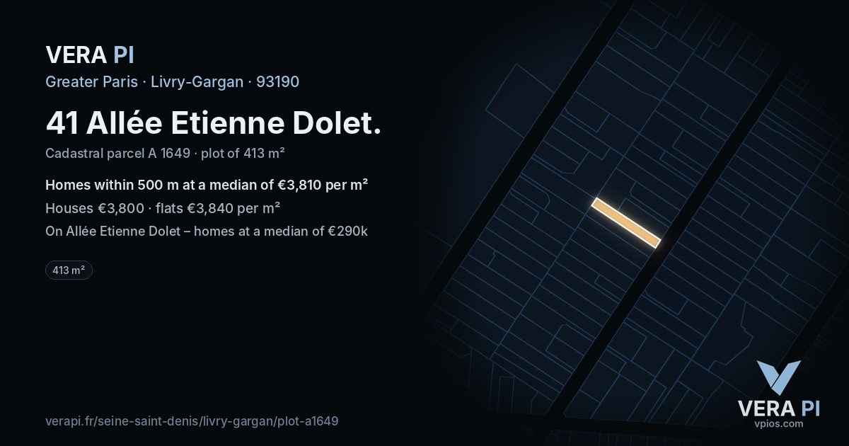 41 Allée Etienne Dolet, Livry-Gargan at night – the plot lit, the parcels around coloured by the prices near them