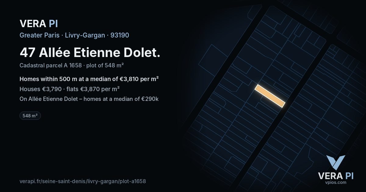 47 Allée Etienne Dolet, Livry-Gargan at night – the plot lit, the parcels around coloured by the prices near them