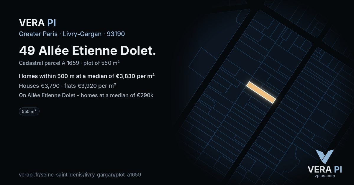 49 Allée Etienne Dolet, Livry-Gargan at night – the plot lit, the parcels around coloured by the prices near them