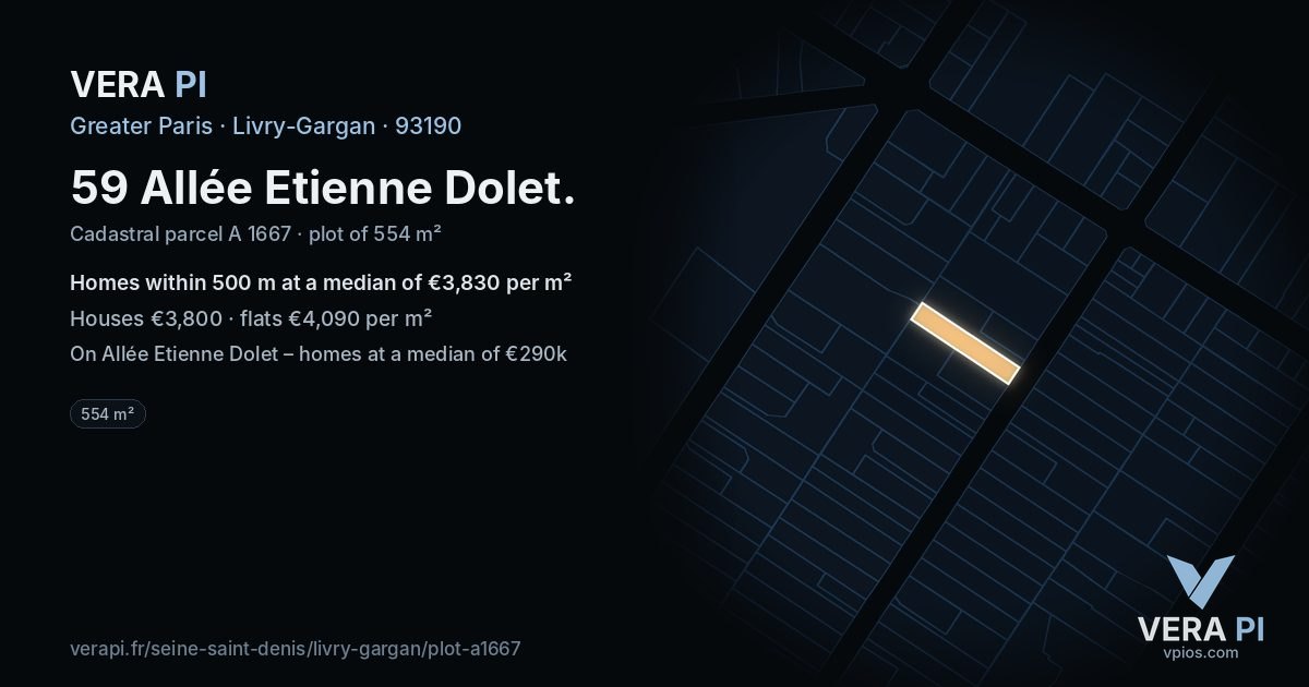 59 Allée Etienne Dolet, Livry-Gargan at night – the plot lit, the parcels around coloured by the prices near them