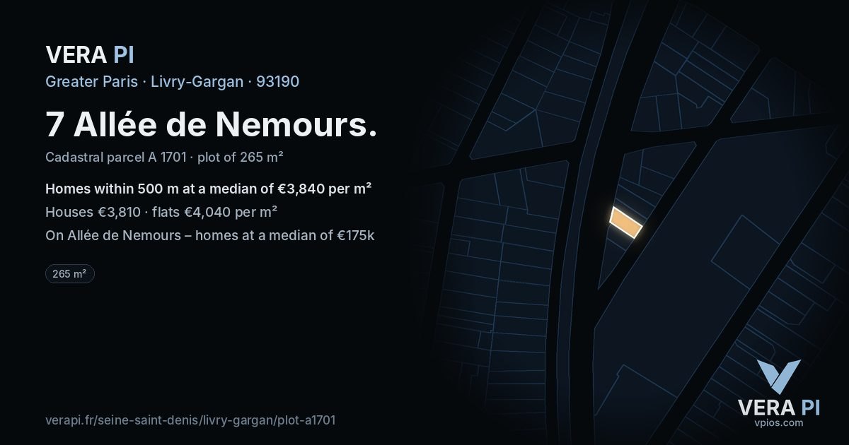 7 Allée de Nemours, Livry-Gargan at night – the plot lit, the parcels around coloured by the prices near them