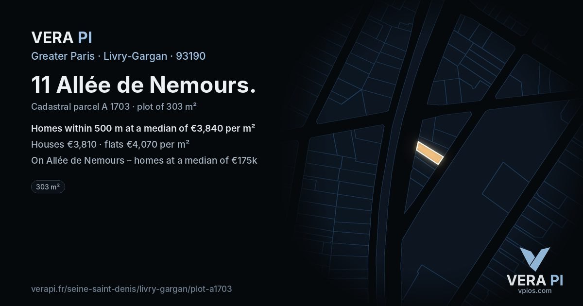 11 Allée de Nemours, Livry-Gargan at night – the plot lit, the parcels around coloured by the prices near them