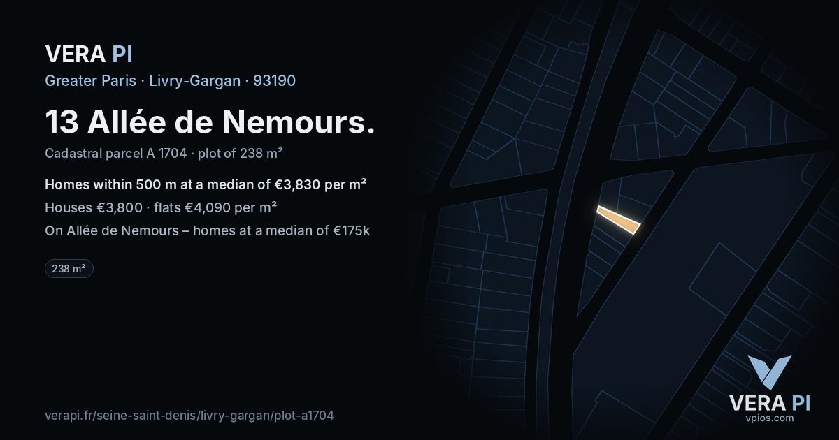 13 Allée de Nemours, Livry-Gargan at night – the plot lit, the parcels around coloured by the prices near them